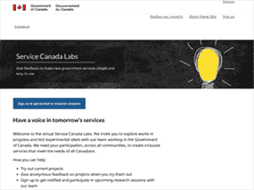 La page d'accueil du nouveau site Web des Laboratoires de Service Canada.  « Pour chaque 10 mots que nous écrivons sur cette équipe, un mot est pour le site lui-même - la chose réelle que nous essayons de publier - et neuf mots sont pour la gouvernance interne, à lire une ou deux fois (si jamais), puis classés quelque part », a écrit l'un de ses développeurs dans un article de blog.