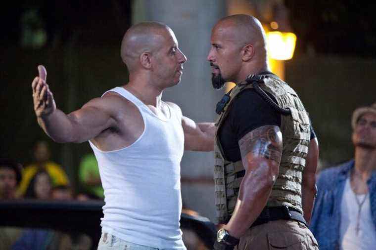 FAST FIVE, l-r: Vin Diesel, Dwayne Johnson, 2011, ph: Jaimie Trueblood/©Universal Pictures/courtesy Everett Collection