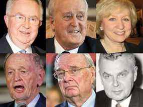 Les anciens premiers ministres, de gauche à droite, Joe Clark, Brian Mulroney, Kim Campbell, Jean Chrétien, Paul Martin et John Diefenbaker.