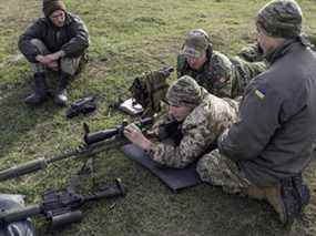 Un soldat canadien explique aux soldats ukrainiens comment utiliser les armes légères canadiennes au Centre international pour le maintien de la paix et la sécurité à Starychi, en Ukraine, sur cette photo d'archive de 2015.