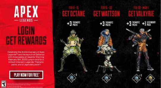 Le troisième anniversaire d'Apex Legends récompense les joueurs avec des packs gratuits et des légendes jusqu'en février