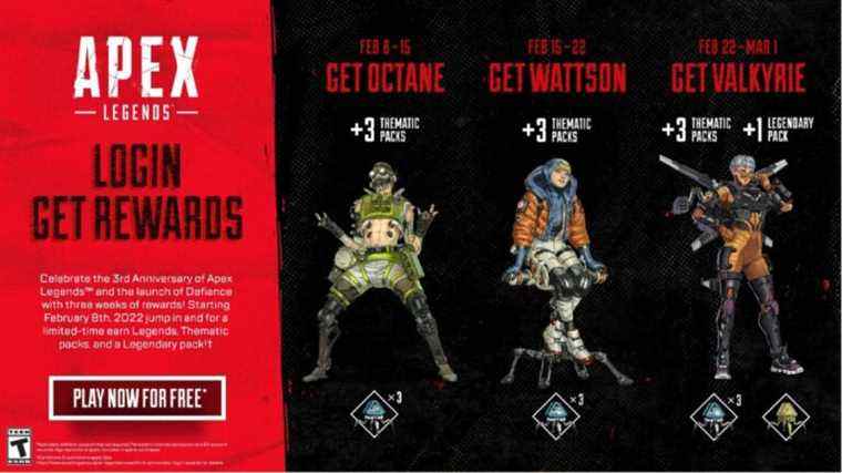     Le troisième anniversaire d'Apex Legends récompense les joueurs avec des packs gratuits et des légendes jusqu'en février

