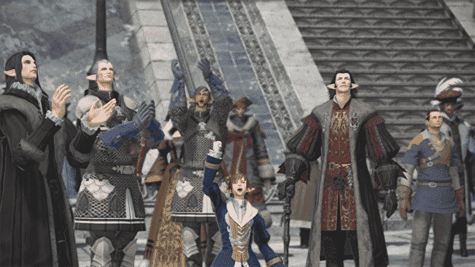 Un groupe de personnages heureux dans Final Fantasy XIV.