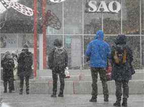 Les clients bravent la neige devant la succursale SAQ du Marché Jean-Talon en 2020.