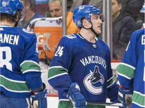 Reid Boucher jouant pour les Canucks en mars 2018.