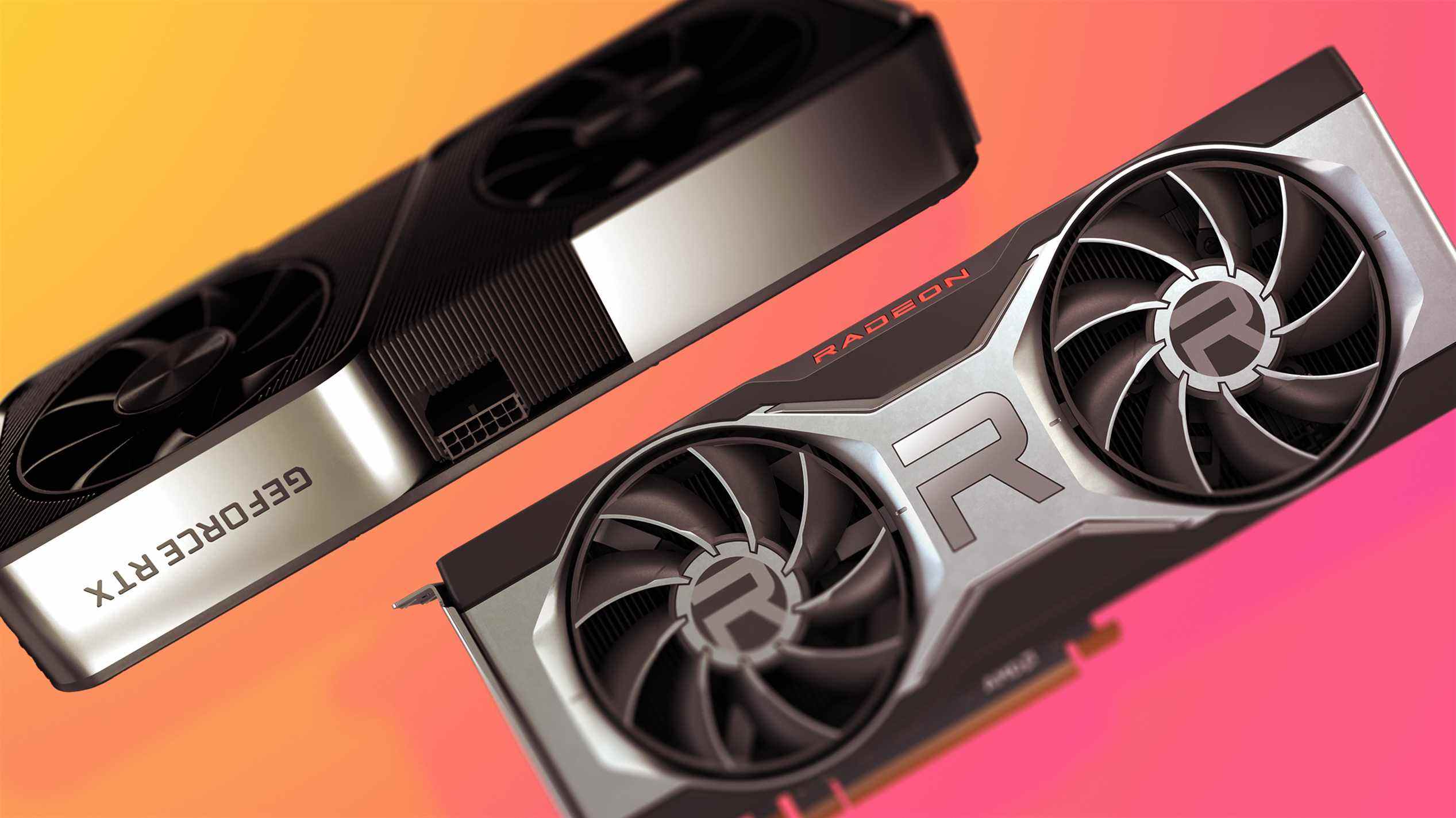 Le Nvidia RTX 3070 et AMD RX 6700 XT côte à côte sur un fond coloré