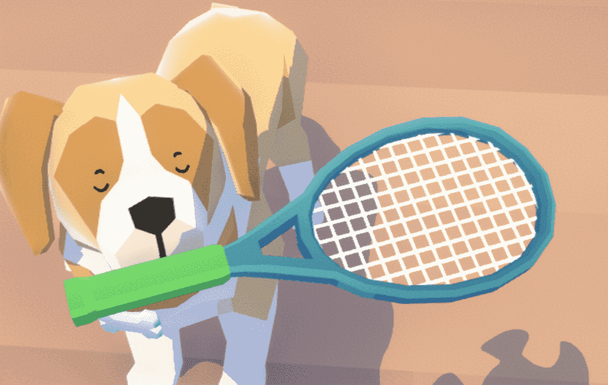 Un chien avec une raquette de tennis