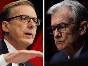 Le gouverneur de la Banque du Canada, Tiff Macklem, à gauche, et le président de la Réserve fédérale américaine, Jerome Powell, ont tous deux maintenu les taux mercredi.