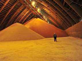 Une vue intérieure de l'entrepôt de stockage est visible à la mine de potasse Cory de Nutrien, près de Saskatoon.