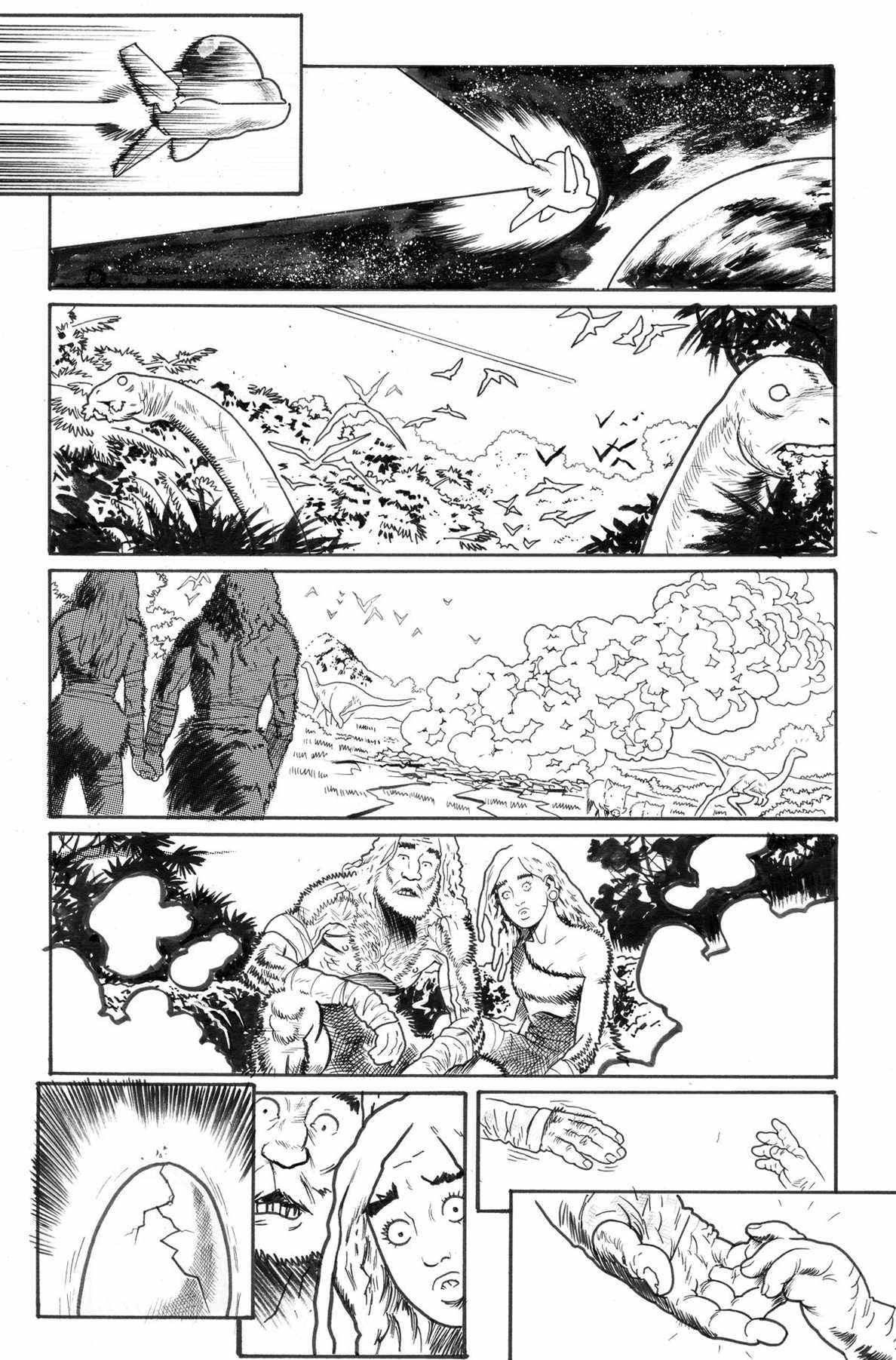 Une page inachevée en noir et blanc de Jurassic League # 1, dans laquelle une fusée en forme de tête de brachiosaure fonce vers la terre et l'œuf à l'intérieur éclot devant un proto-humain mâle et femelle. 