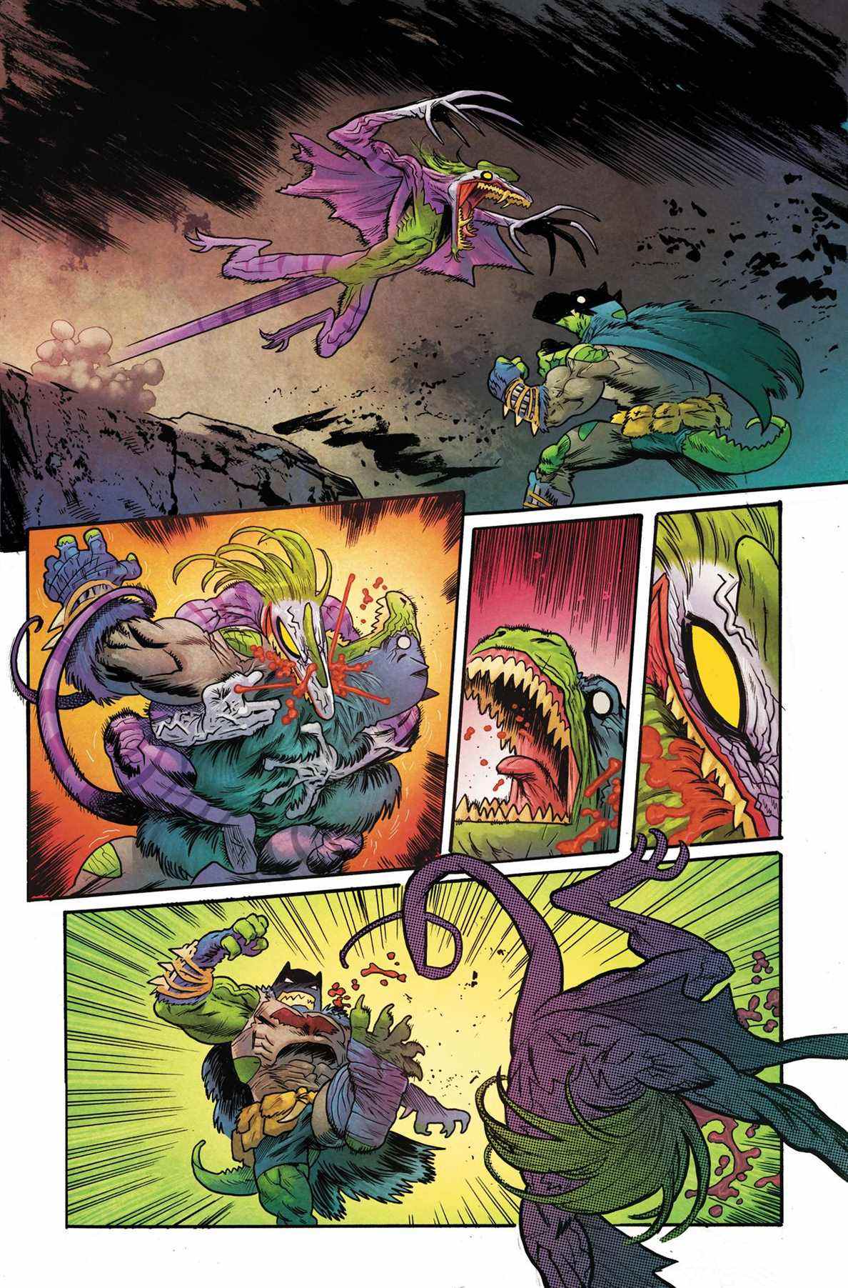 Dilophosaurus Joker saute sur allosaurus Batman et ils se battent dans Jurassic League # 1 (2022). 