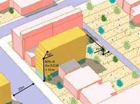 Un rendu architectural montre comment l'immeuble de hauteur moyenne de six étages s'intègre sur un terrain de 7,6 mètres de large sur une bande commerciale comme la rue Dundas Ouest.