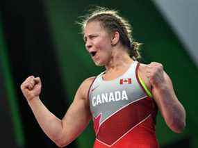 Erica Wiebe du Canada lors du match de lutte pour la médaille d'or en style libre féminin de 76 kg aux Jeux du Commonwealth de la Gold Coast de 2018 au Carrara Sports Arena le 12 avril 2018.