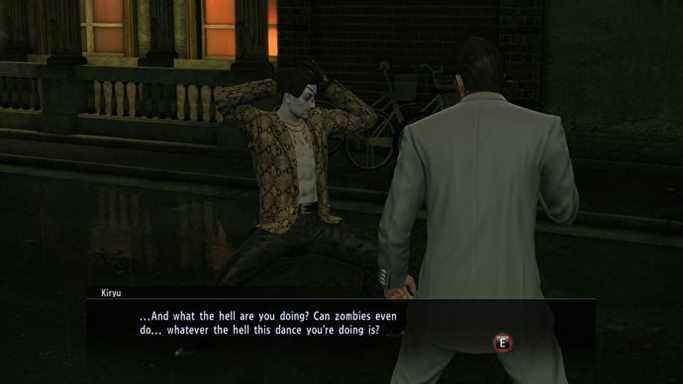 Une photo d'un zombie Majima dansant dans Yakuza Kiwami