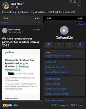 Capture d'écran de la publication Facebook de Brad Maier sur son don remboursé au Freedom Convoy