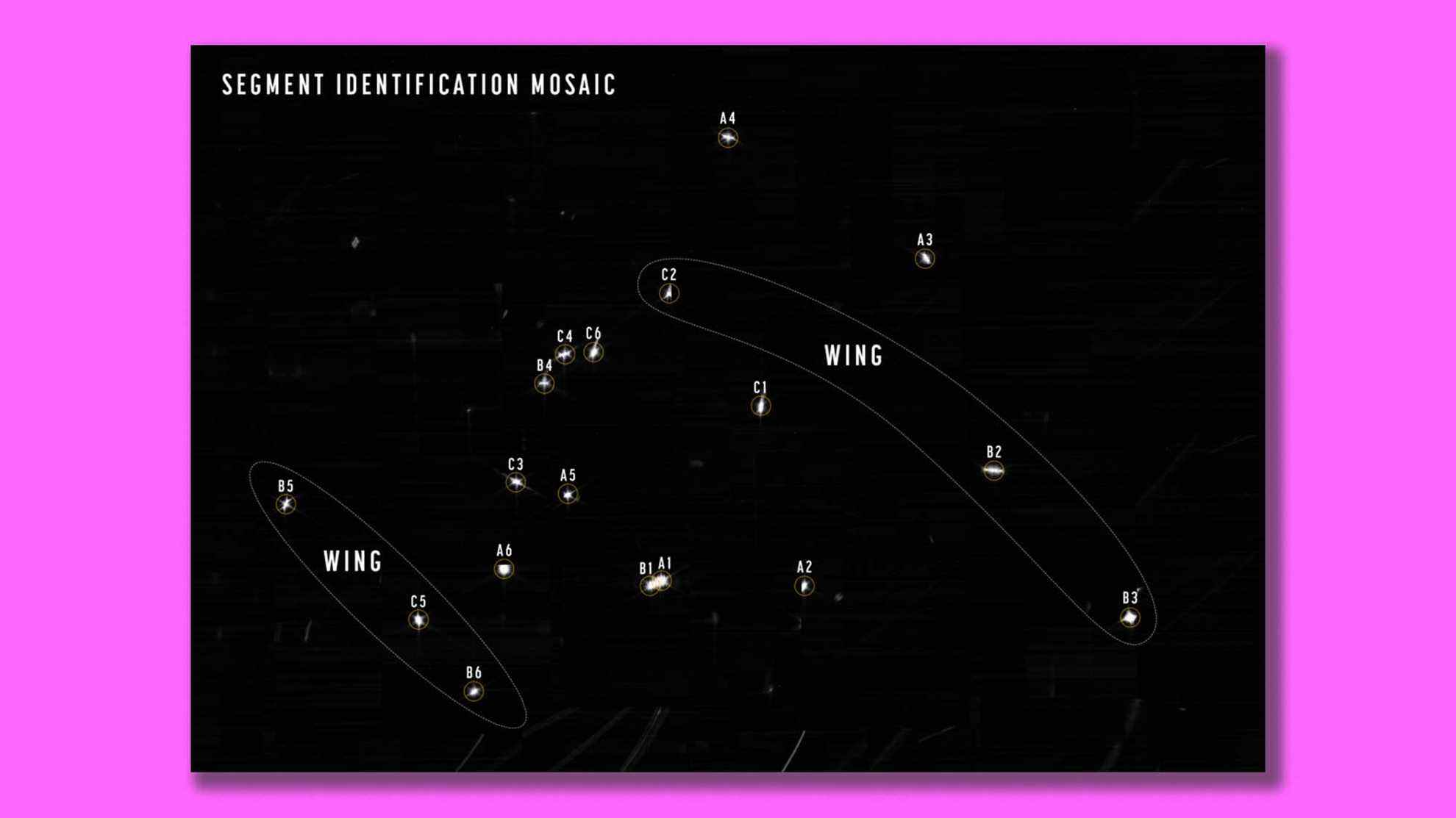 Une première image lumineuse du télescope Webb non aligné d'une seule étoile dans 18 positions différentes, annotée pour montrer la vue du segment d'aile de l'étoile HD 84406