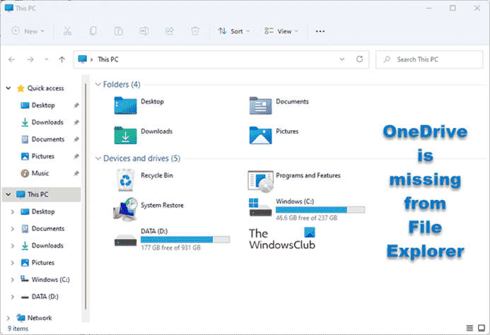 OneDrive est absent de l’Explorateur de fichiers dans Windows 11/10