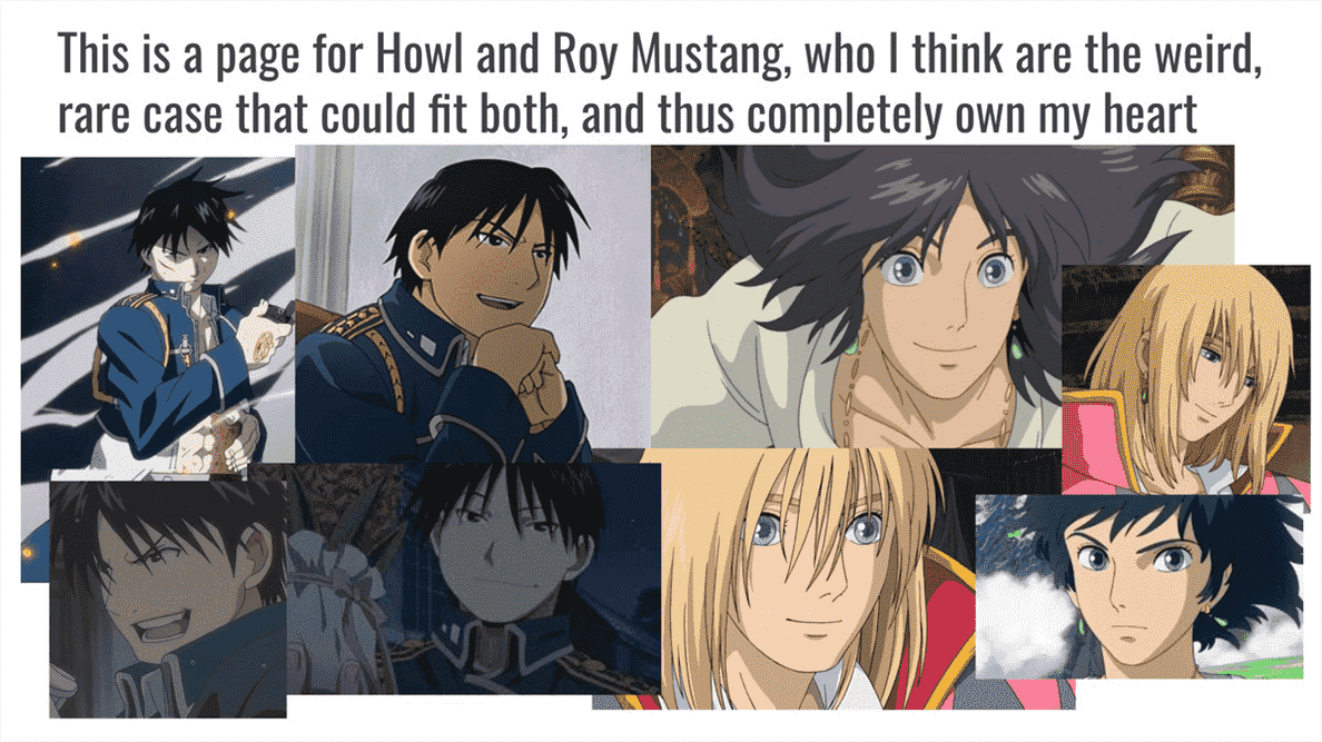 une diapositive powerpoint présentant des images de roy mustang de fullmetal alchemist: fraternité et hurlement pendragon du château en mouvement de hurlement