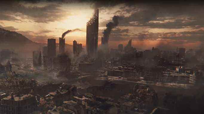 Une capture d'écran de la cinématique de fin de Dying Light 2 montrant Villedor en ruines.