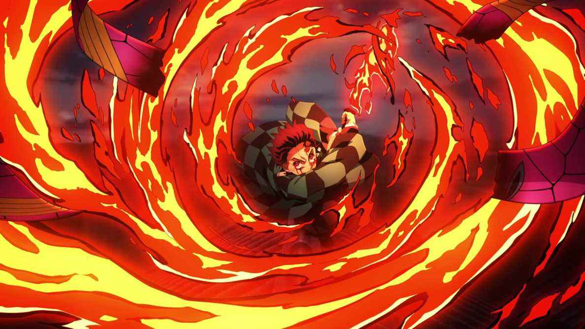 Tanjiro Kamado interprétant le Hinokami Kagura contre Daki dans Demon Slayer: Kimetsu no Yaiba Entertainment District Arc.