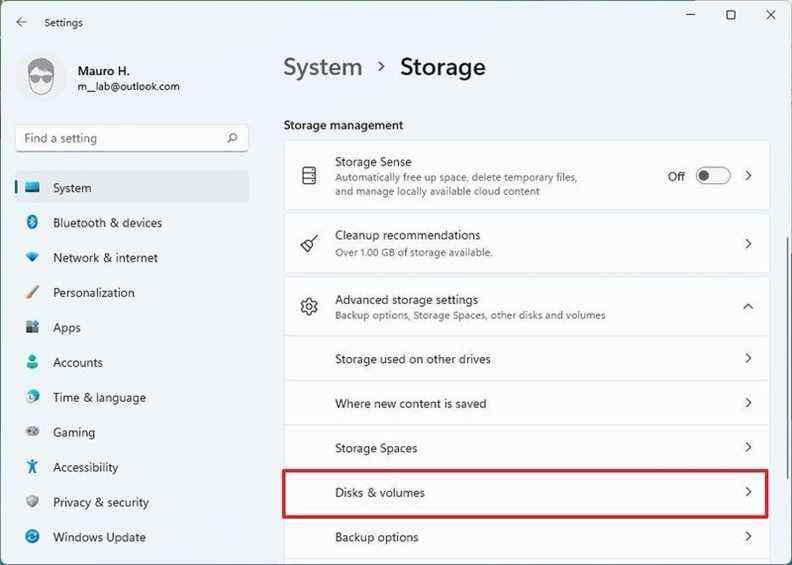 Paramètres de stockage sur Windows 11