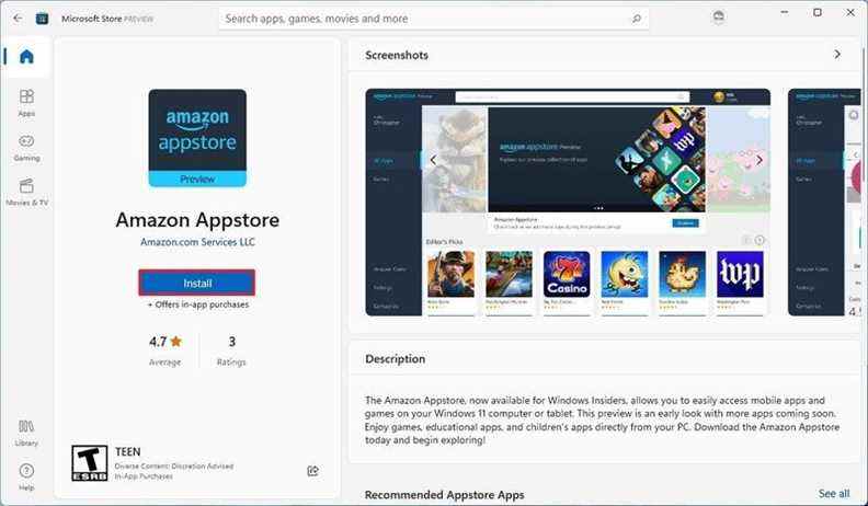 Installation d'Amazon Appstore et WSA