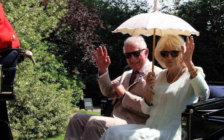 Le prince de Galles et la duchesse de Cornouailles à l'ombre sous un parasol lors d'une promenade en calèche au Sandringham Flower Show en 2019 - Paul 