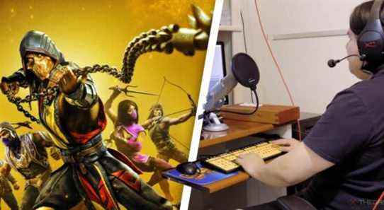 Left: An image of Mortal Kombat 11, featuring Scorpion using his spear move. Right: a streamer plays video games at a PC