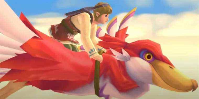 Link riding on his red Loftwing in a The Legend of Zelda: Skyward Sword cutscene