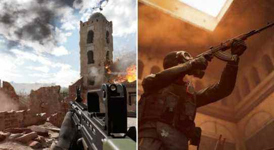 Insurgency: Sandstorm split image screenshots first person view of ruined town and third person view of soldier with weapon.