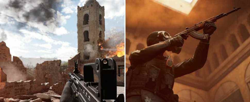 Insurgency: Sandstorm split image screenshots first person view of ruined town and third person view of soldier with weapon.