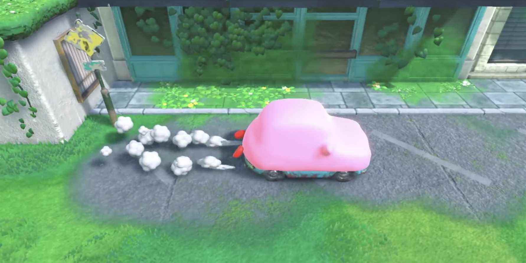 Kirby using the Car Mouthful Mode in Kirby and the Forgotten Land