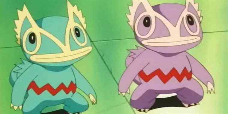 A normal Kecleon and a Shiny Kecleon standing next to each other in the Pokemon anime