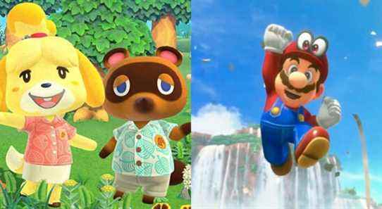 Isabelle and Tom Nook from Animal Crossing: New Horizons next to Mario in Super Mario Odyssey