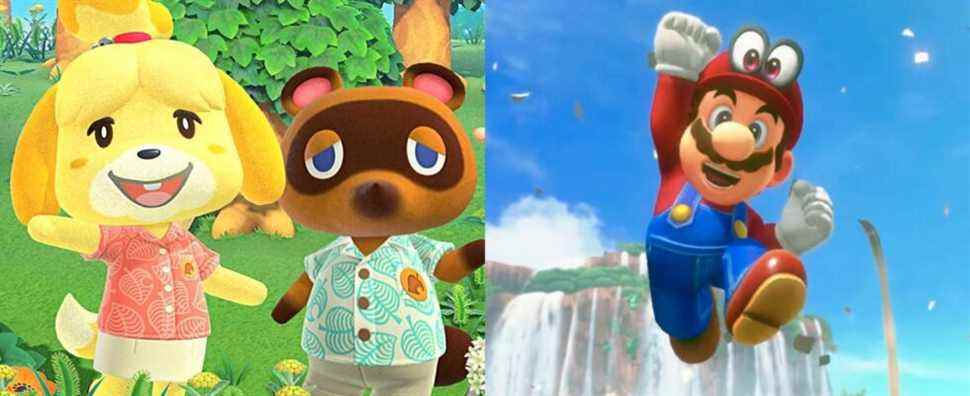 Isabelle and Tom Nook from Animal Crossing: New Horizons next to Mario in Super Mario Odyssey