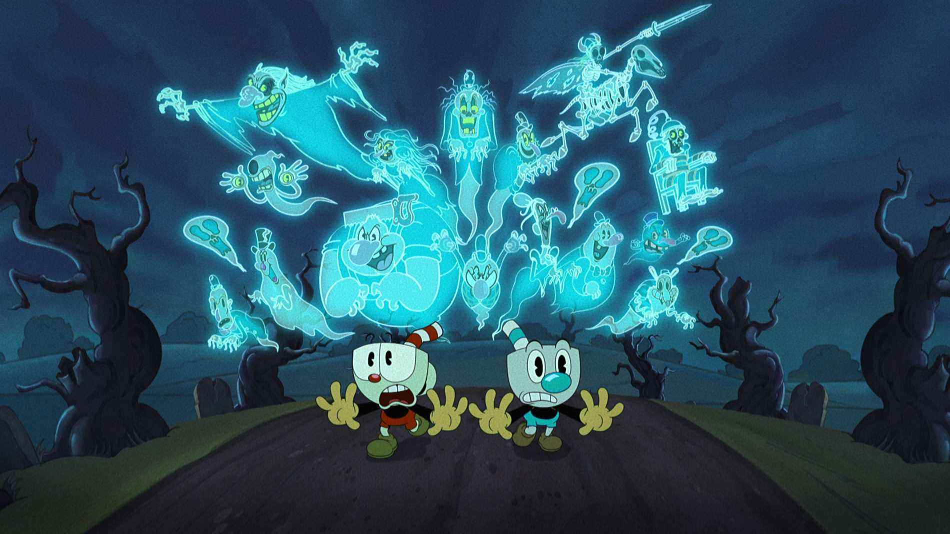 Le spectacle Cuphead !  (De gauche à droite) Tru Valentino comme Cuphead et Frank Todaro comme Mugman dans The Cuphead Show !  Cr.  AVEC LA COURTOISIE DE NETFLIX © 2022