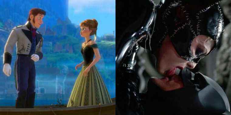 Movies in which the hero falls for the villain feature split image Frozen and Batman Returns