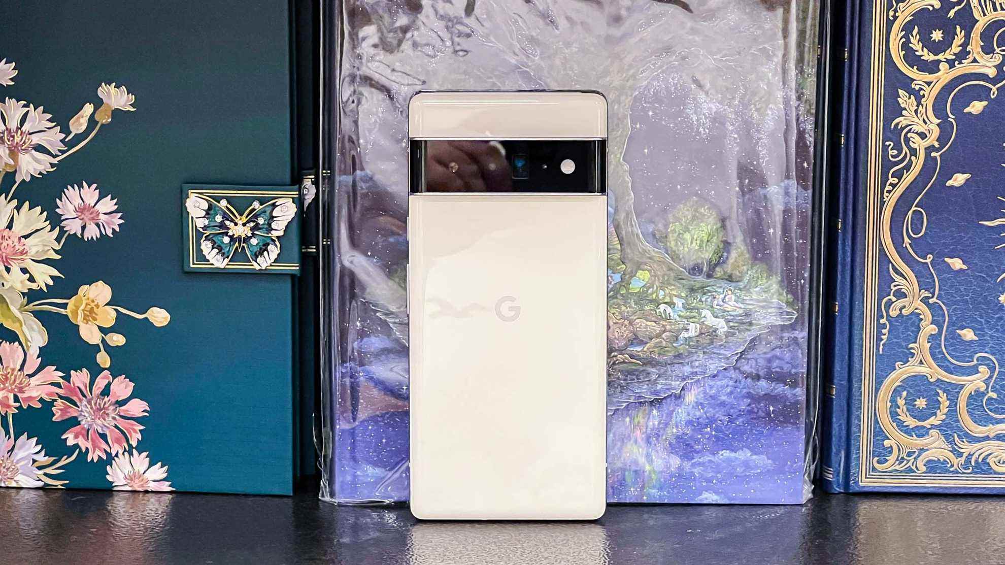 pixel 6 pro dos à la caméra appuyé contre des livres