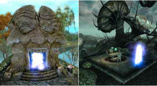 The door (left) that leads to the Shivering Isles in Oblivion (right)