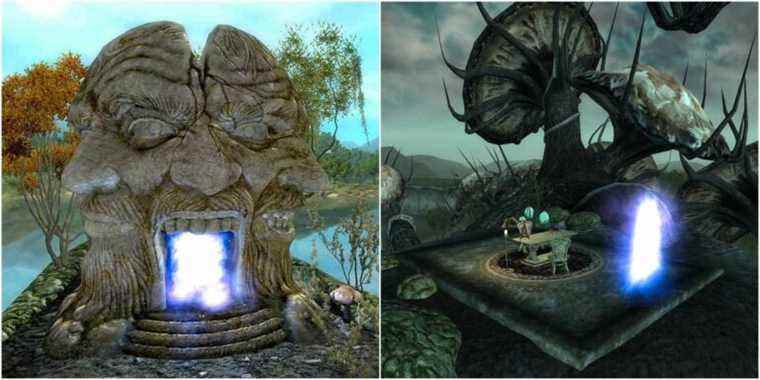 The door (left) that leads to the Shivering Isles in Oblivion (right)