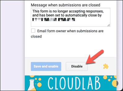 Pour désactiver les limites de réponse de formulaire automatique à l'aide de formLimiter, appuyez sur Modules complémentaires > formLimiter > Désactiver. » width= »402″ height= »299″ src= »/pagespeed_static/1.JiBnMqyl6S.gif » onload= »pagespeed.lazyLoadImages.loadIfVisibleAndMaybeBeacon(this); » onerror= »this.onerror=null;pagespeed.lazyLoadImages.loadIfVisibleAndMaybeBeacon(this); »/></p>
<p>Cela garantira que les répondants potentiels pourront continuer à utiliser votre formulaire jusqu’à ce que vous désactiviez à nouveau les réponses.</p>
</div>
<p><script>
 setTimeout(function()
  !function(f,b,e,v,n,t,s)
  if(f.fbq)return;n=f.fbq=function()n.callMethod?
  n.callMethod.apply(n,arguments):n.queue.push(arguments);
  if(!f._fbq)f._fbq=n;n.push=n;n.loaded=!0;n.version='2.0';
  n.queue=[];t=b.createElement(e);t.async=!0;
  t.src=v;s=b.getElementsByTagName(e)[0];
  s.parentNode.insertBefore(t,s)  (window, document,'script',
  'https://connect.facebook.net/en_US/fbevents.js');
   fbq('init', '335401813750447');
   fbq('track', 'PageView');
  ,3000);
</script></p>
<p><a href=