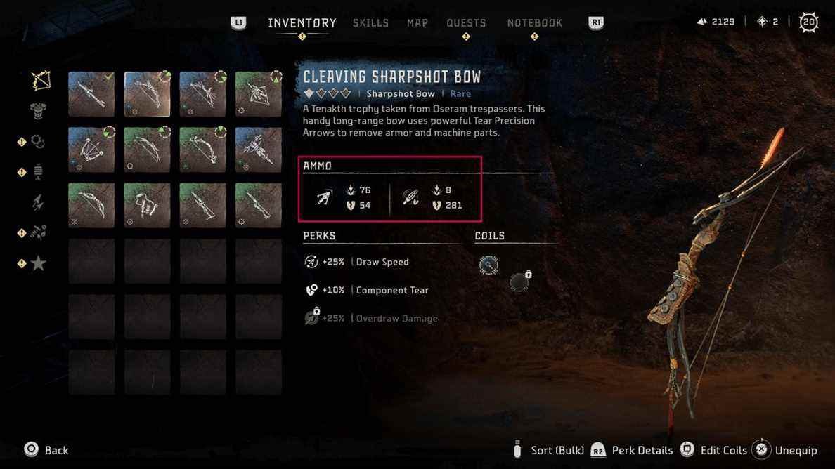 Le menu Cleaving Sharpshot Bow pour le combat d'éléphants dans Horizon Forbidden West