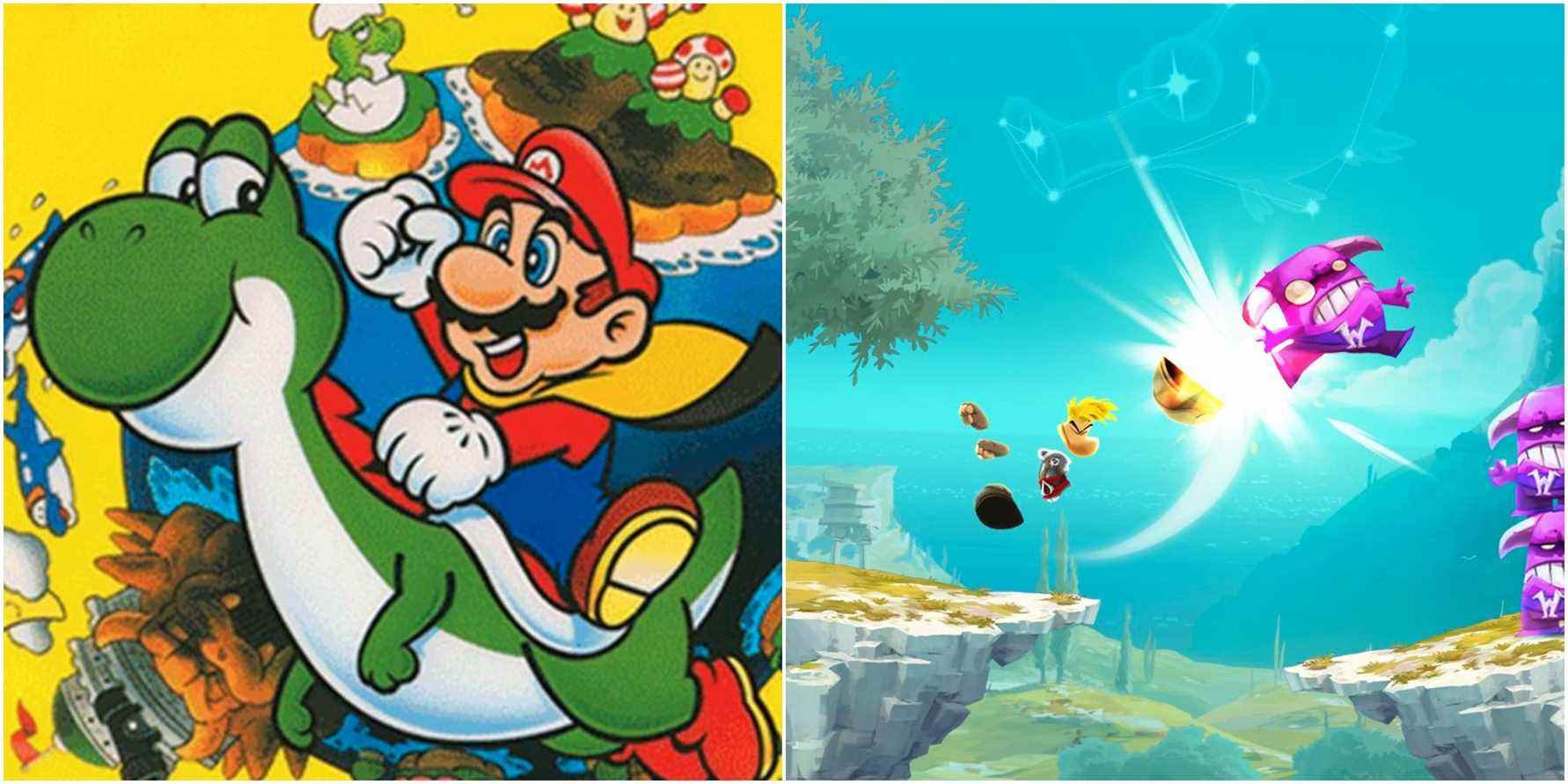 (Left) Mario on Yoshi (Right) Rayman kicking an enemy