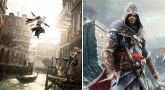 left: young Ezio jumping over Venice canal; right: old Ezio standing by mountains