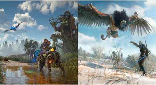 (Left) Aloy riding acorss shallow water (Right) Geralt fighting a Griffin