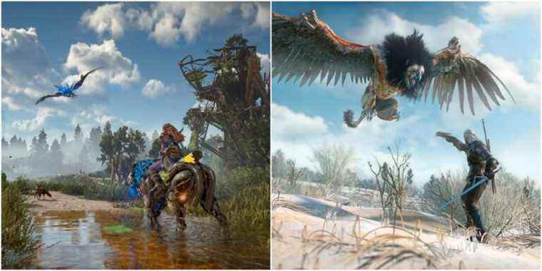 (Left) Aloy riding acorss shallow water (Right) Geralt fighting a Griffin