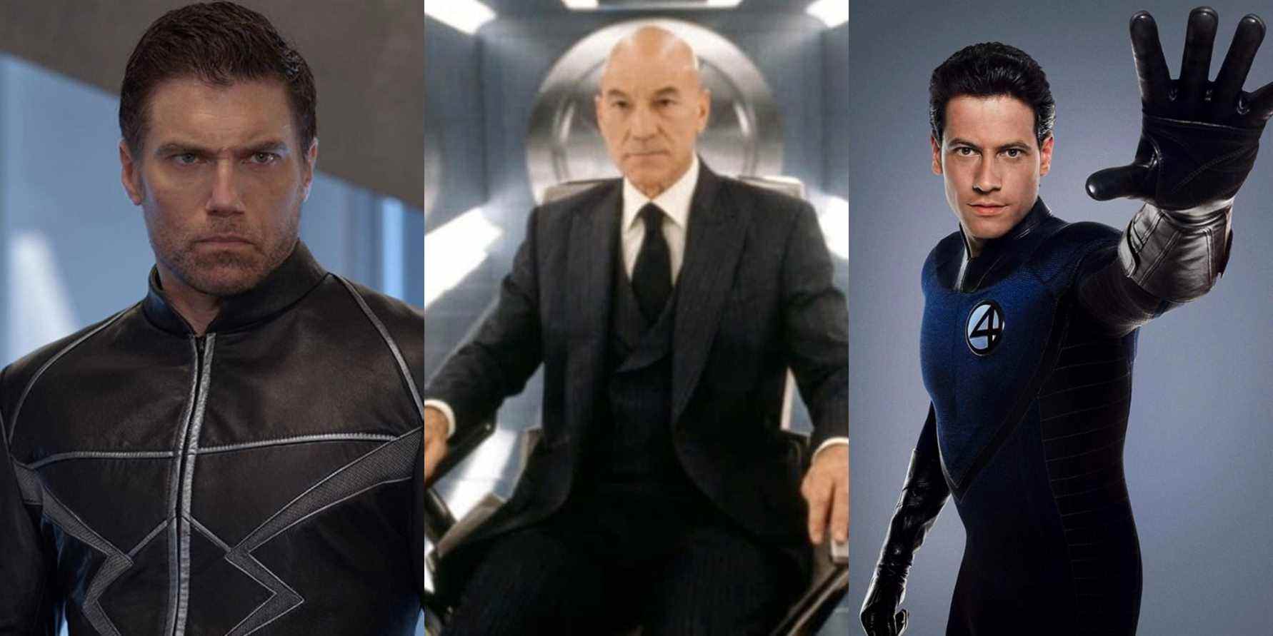 Une image divisée représente les personnages de Marvel Black Bolt, Professor X et Mister Fantastic dans des rôles d'action en direct