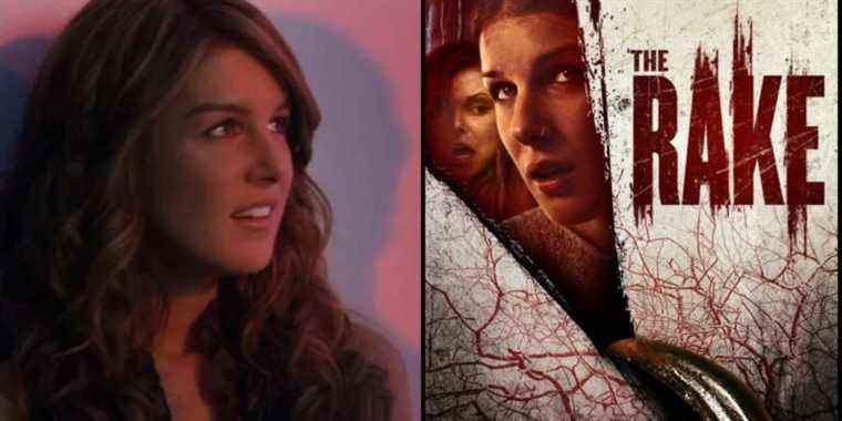 Split image of The Rake poster and Shenae Grimes-Beech looking scared in The Rake