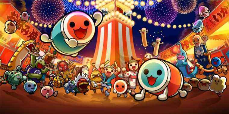 All of the characters from Taiko no Tatsujin pose at a festival.