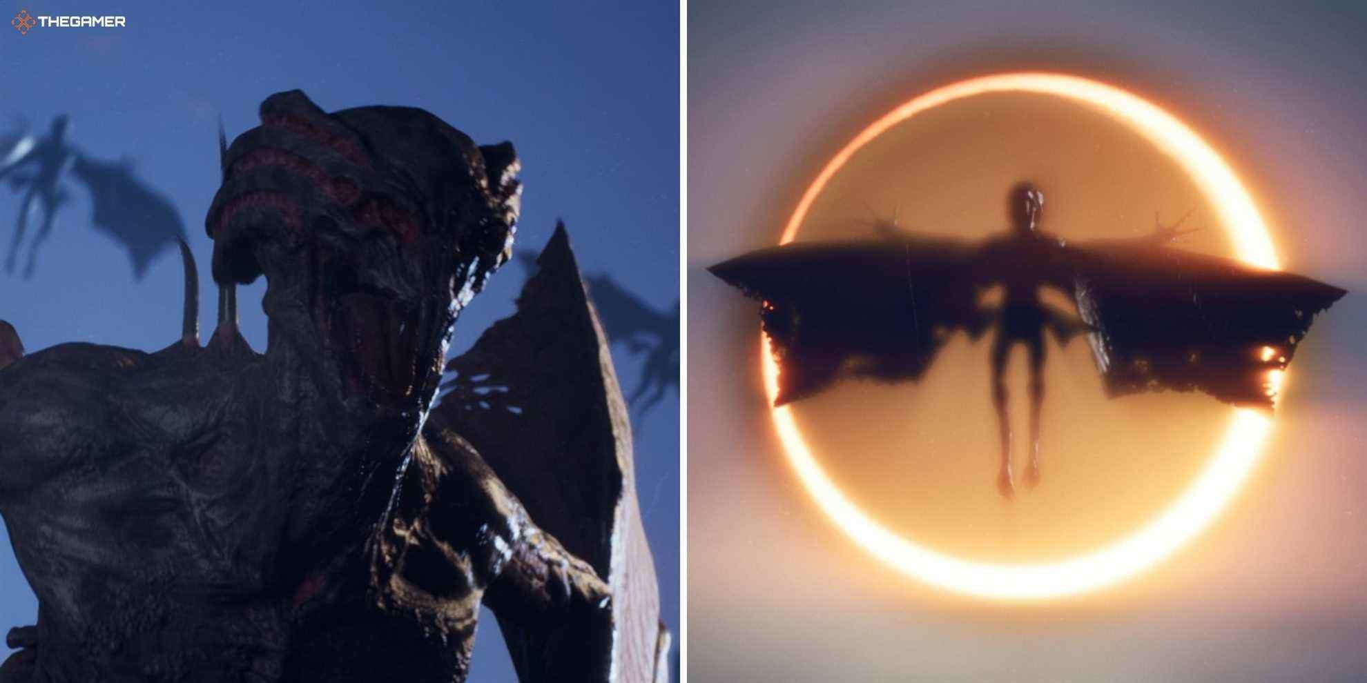 House of Ashes - Creature yelling on left, Creature flying on right